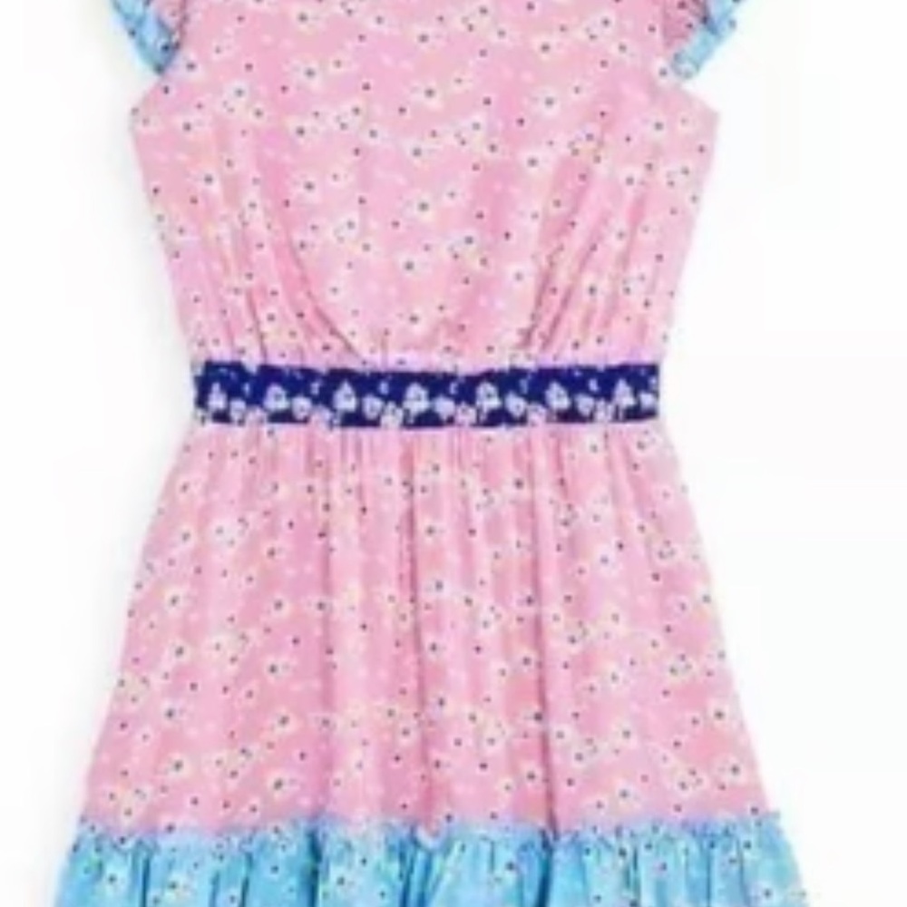 Us Angels Pink Floral Dress with Blue Trim